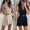 Women's Sleeveless V Neck Short Jumpsuit Loose Fit Mid Waist Belted Suit Romper