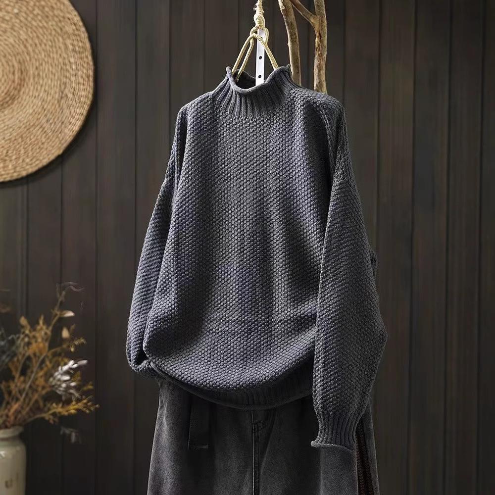 

Осенне-зимний хлопковый свитер с полувысоким воротником, женский свободный большого размера, скрывающий недостатки фигуры, повседневный пуловер, вязаный нитью M