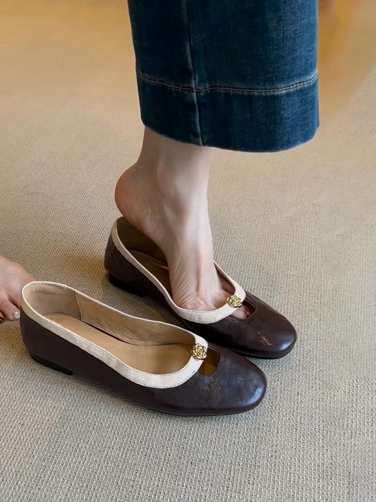 Cowhide Version~ Genuine Leather French Retro Camellia Shallow Mouth One-pedal Single Shoes Women's New Flat Shoes