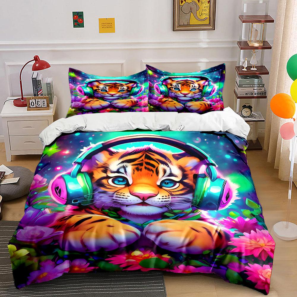 Tiger wearing vibrant headphones. Bedding sets Duvet cover sets Duvet covers Pillowcases(1 * Duvet Cover 2 * Pillowcases without duvet insert)