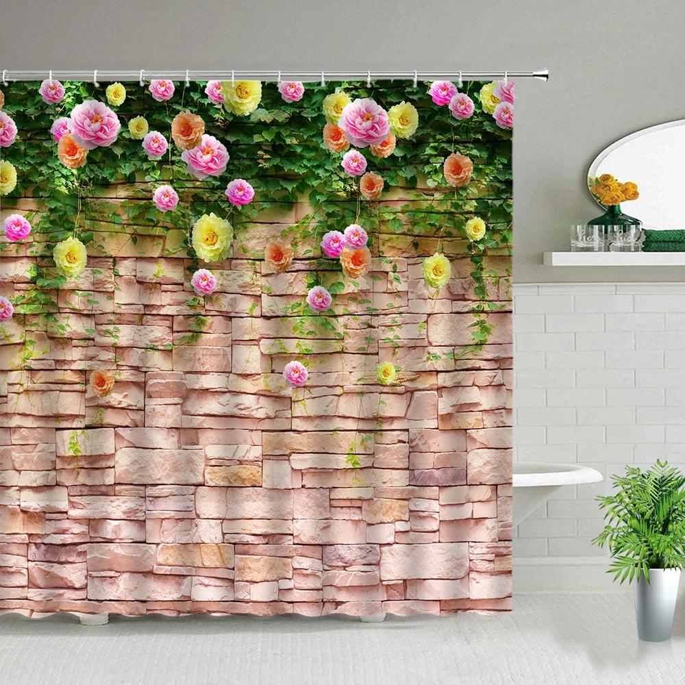 Pink Flower Plant Scenery Shower Curtains Rose Tulip Butterfly Spring Landscape 3d Printing Bathroom Waterproof Bath Curtain Set