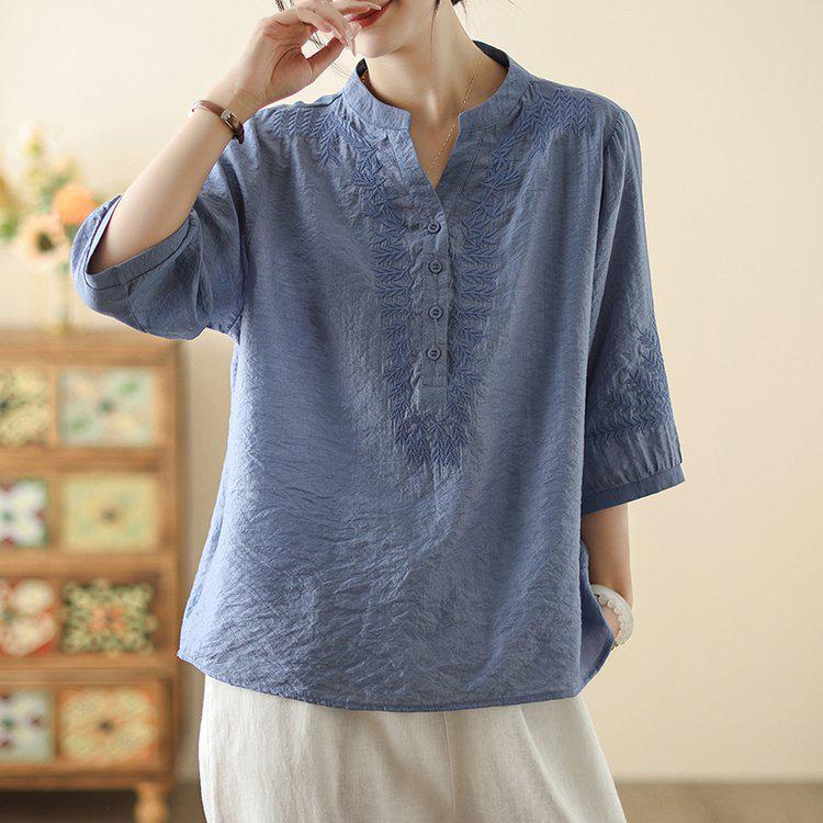 

Spring/Summer 2026 Chic Chinese Style Casual Three-Quarter Sleeve Shirt 5XL (150-165 jin) синій
