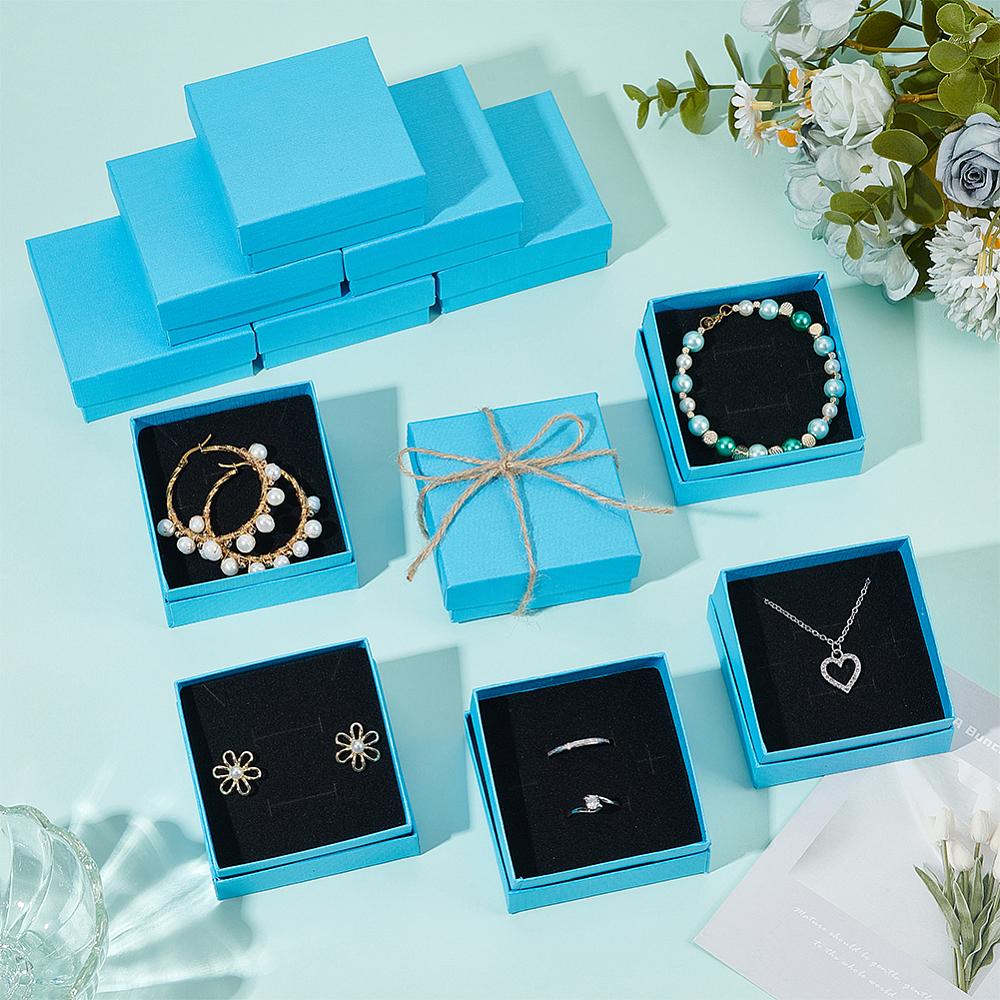 12Pcs Cardboard Jewelry Boxes for Ring Earring Necklace with Sponge Inside Square Light Sky Blue 7.4x7.4x3.2cm