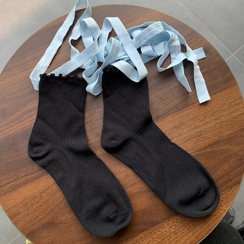 Balletcore Lace-Up Socks with Ruffled Cuff, Sweet Lolita Ribbed Crew Socks for Women, Y2K Aesthetic Leg Warmers Accessories