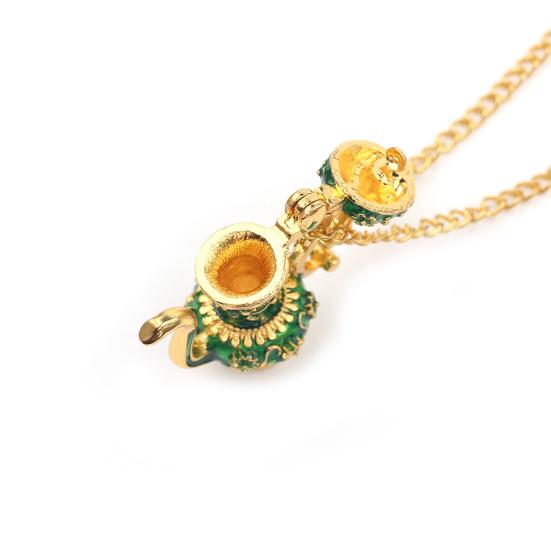 Vintage Enamel Green Teapot Pendant Long Chain Women Sweater Necklace Jewelry