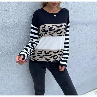 Moda Vintage Elegancka Odzież Codzienna Wiosna Jesień Luźny Pulower z Okrągłym Dekoltem Czarno-Biały Leopard Odzież Damska