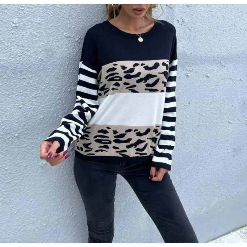 Vintage Fashion Elegant Casual Apparel Spring Autumn Loose Round Neck Pullover Black and White Leopard Women Clothing