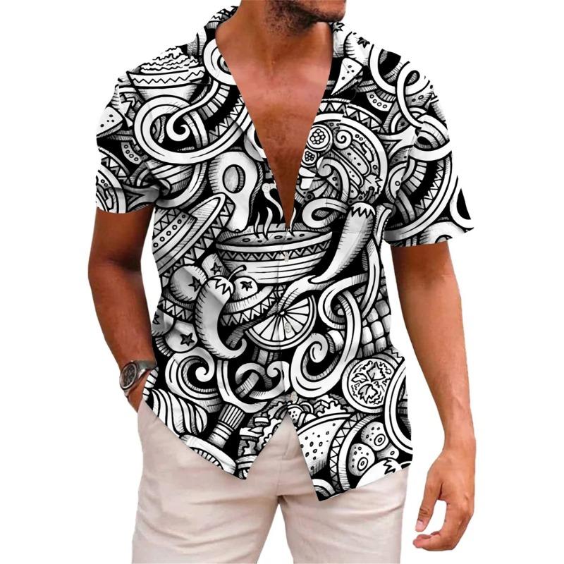 Hawaiian Mens Shirts Lapel Short-Sleeved Shirt Mexican Style Clothing Casual Loose Button-Down Shirt Mens Clothes Harajuku Tops