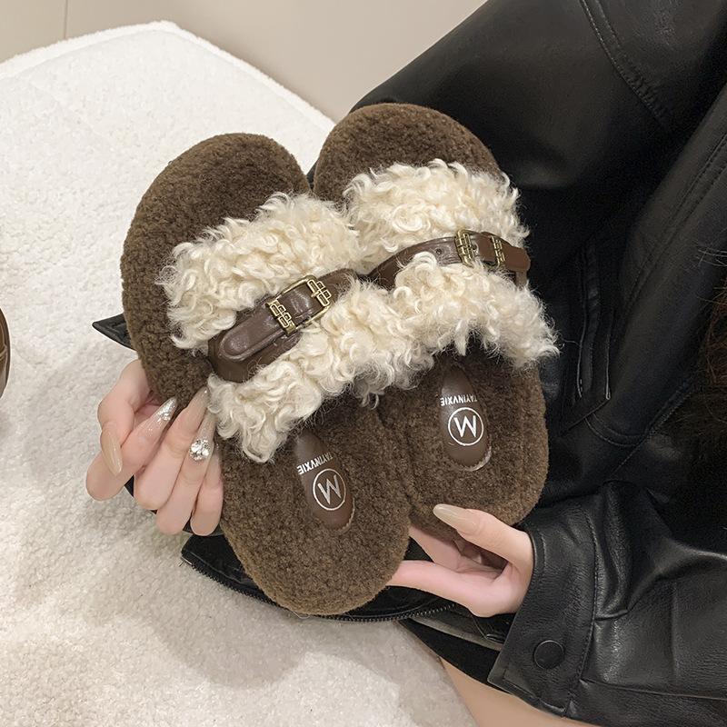 Retro Thick-soled Fluffy Slippers for Women To Wear 2025 Autumn and Winter New Korean Version Comfortable Slippers One-word Cotton Towing Women's Shoe