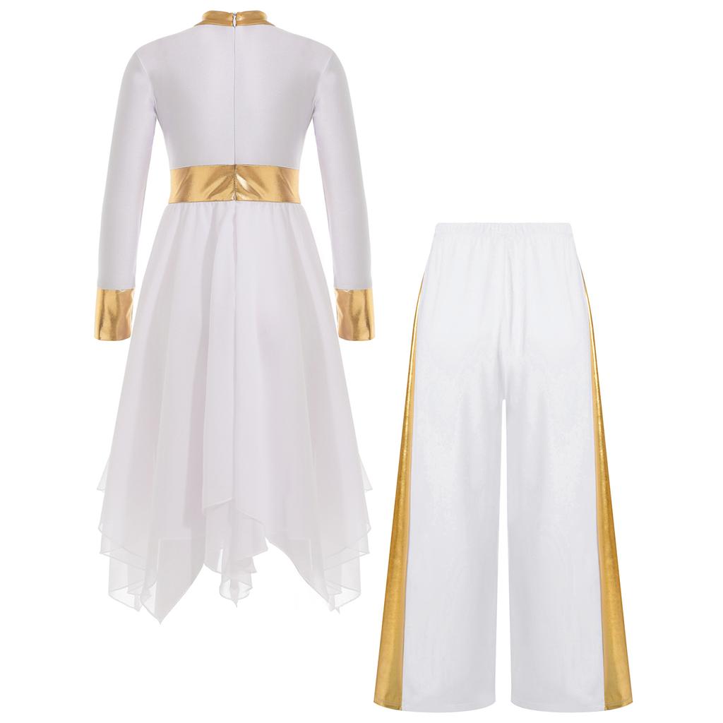 Mädchen Liturgisches Tanzoutfit Langarm Colorblock Metallic Lyrisches Kleid Weitbeiniges Hosen-Set