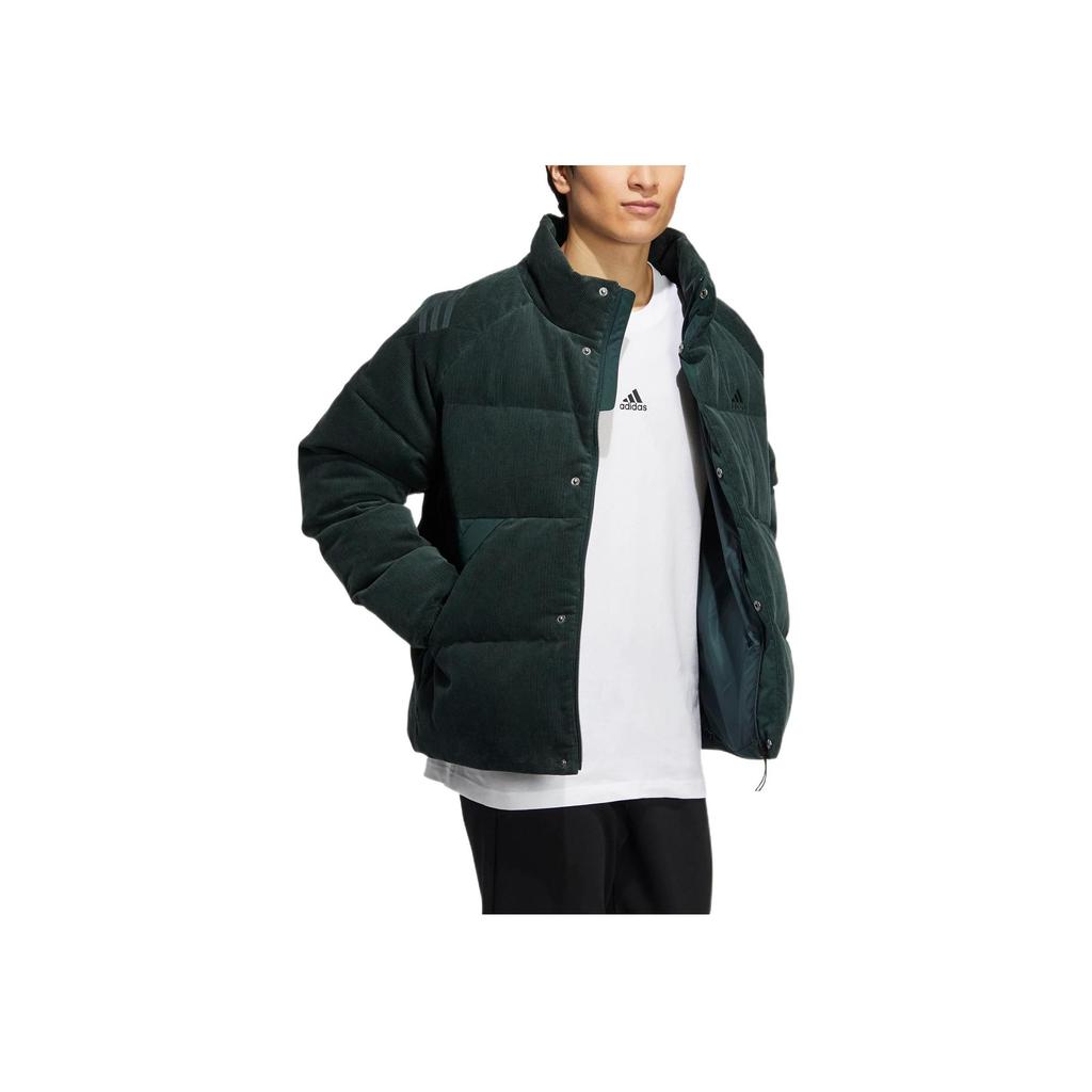 Adidas Cord Down Jacket With Solid Color Print Logo And Zipper Stand Collar Men Outerwear Green HN2137