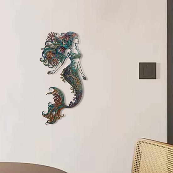 Rustic Metal Art for Patios Mermaid Wall Decoration, Three-dimensional Hollow Iron Artistic Crafts Sculpture, Retro Ocean Style Hanging Figures