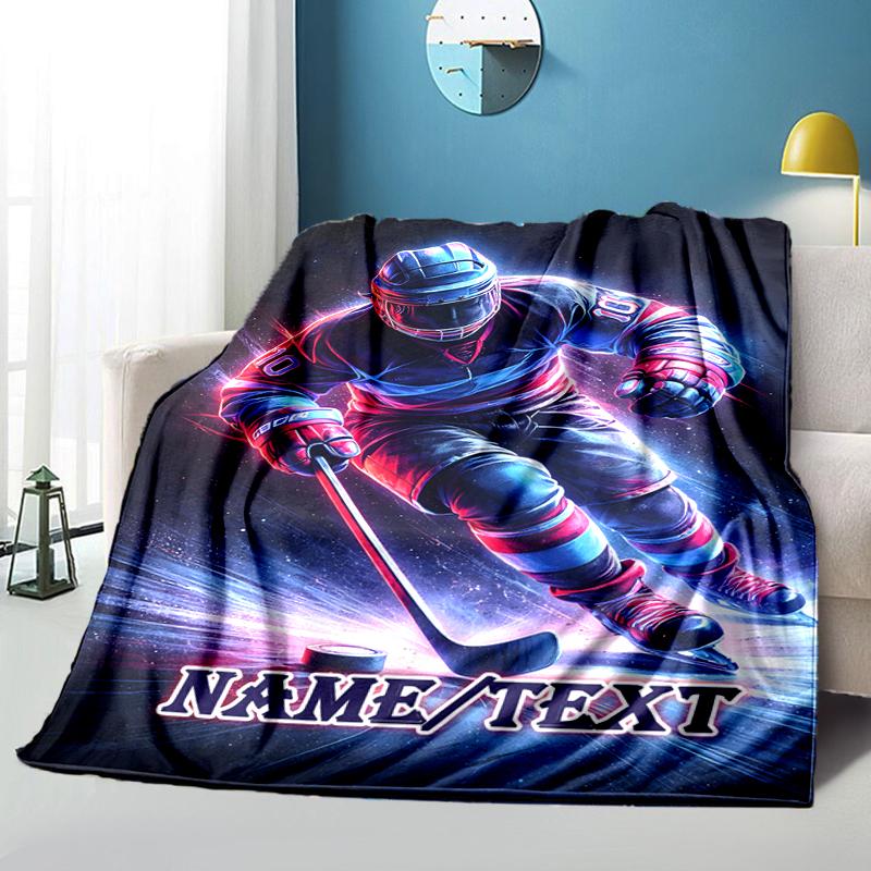 1PC Custom Name Hockey Player Action outdooor Flannel blankets Throw Blanket All-Season Throw Gift Bedspread for Couch, Bed, Camping Holiday Birthday