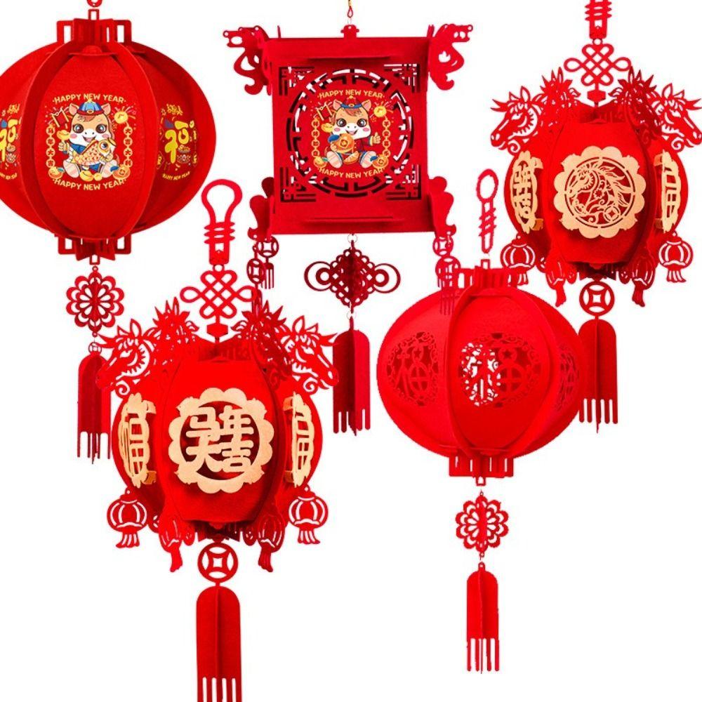 Flocking Cloth Chinese Lantern Red Color With Tassel New Year Decoration Waterproof 3D Puzzle Palace Lantern Spring Festival