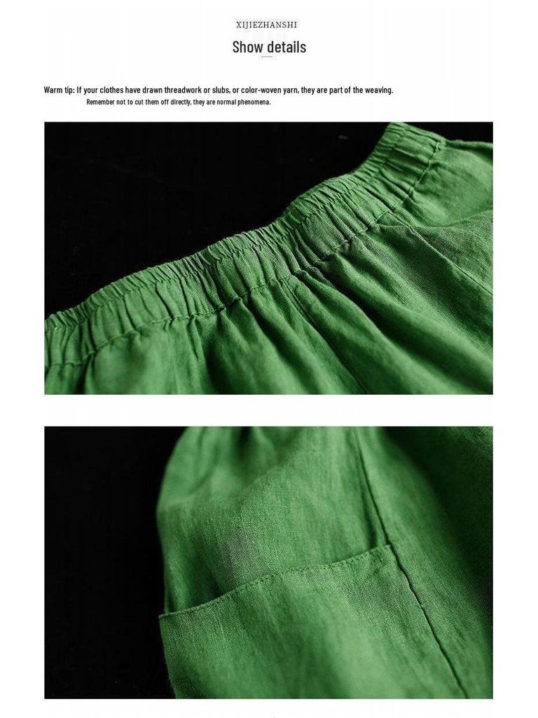 Dámské letní 100% bavlněné lněné lampionové kalhoty - Ležérní, volné, devítibodové, haremového stylu s manžetami na zavazování