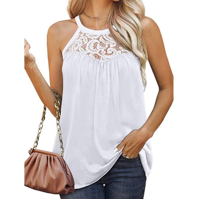 Summer Fashion Lace Sleeveless Blouse For Women Hollow Out Sexy Casual Loose Vest Shirt Halter Solid Printing Top 25193