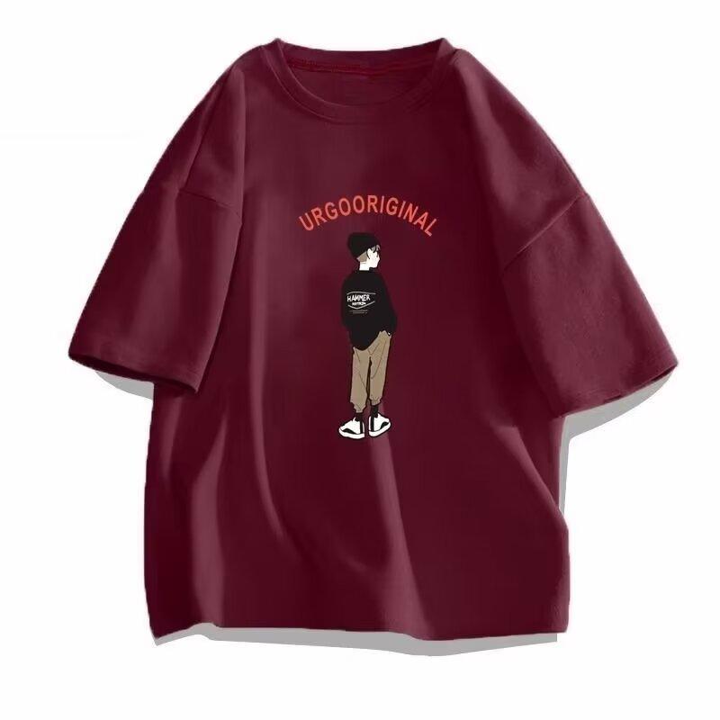 

Новая летняя футболка с короткими рукавами для мужчин, тренд в корейском стиле, простой топ с короткими рукавами, свободная повседневная брендовая футболка в гонконгском стиле 5XL вино красного