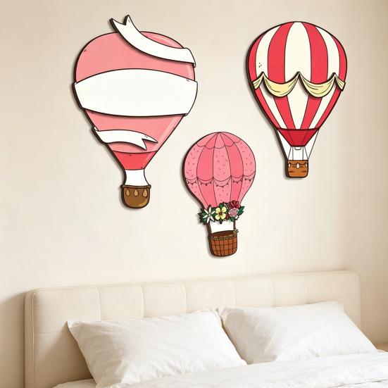 3 Pcs Hot Air Balloon Wall Decor Boho Wooden Nursery Wall Art Vintage Pink White Wall Sculpture for Living Room Bedroom Playroom