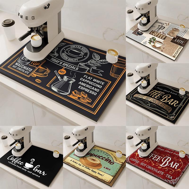 Retro Coffee Maker Mat Kitchen Drain Pad Non-slip Dish Drying Mats Quick Dry Tableware Faucet Placemat Dinnerware Washable Pad