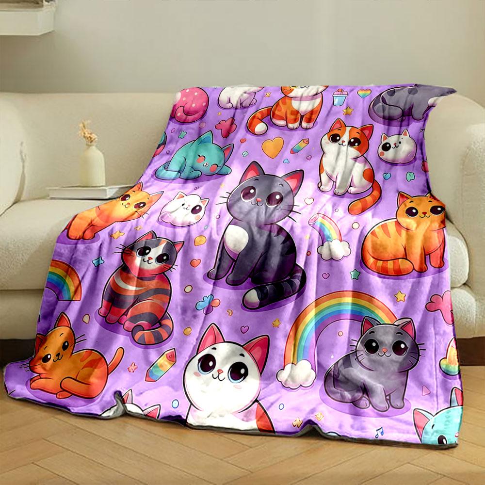 Cute Colorful Cartoon Cats On Purple Background Print Blanket Soft and Cozy Perfect for the Living Room Bed Sofa or a Nap,gift