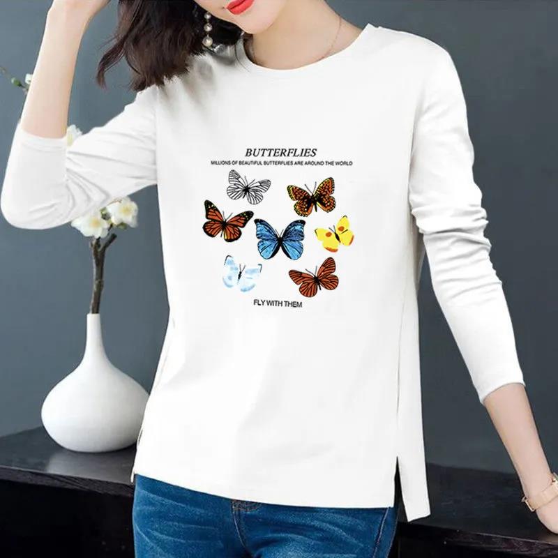 Spring & Fall Women Cotton Pullover Casual Slit T-Shirt Seven Butterfly Print Shirt Long Sleeve Bottoming Shirt