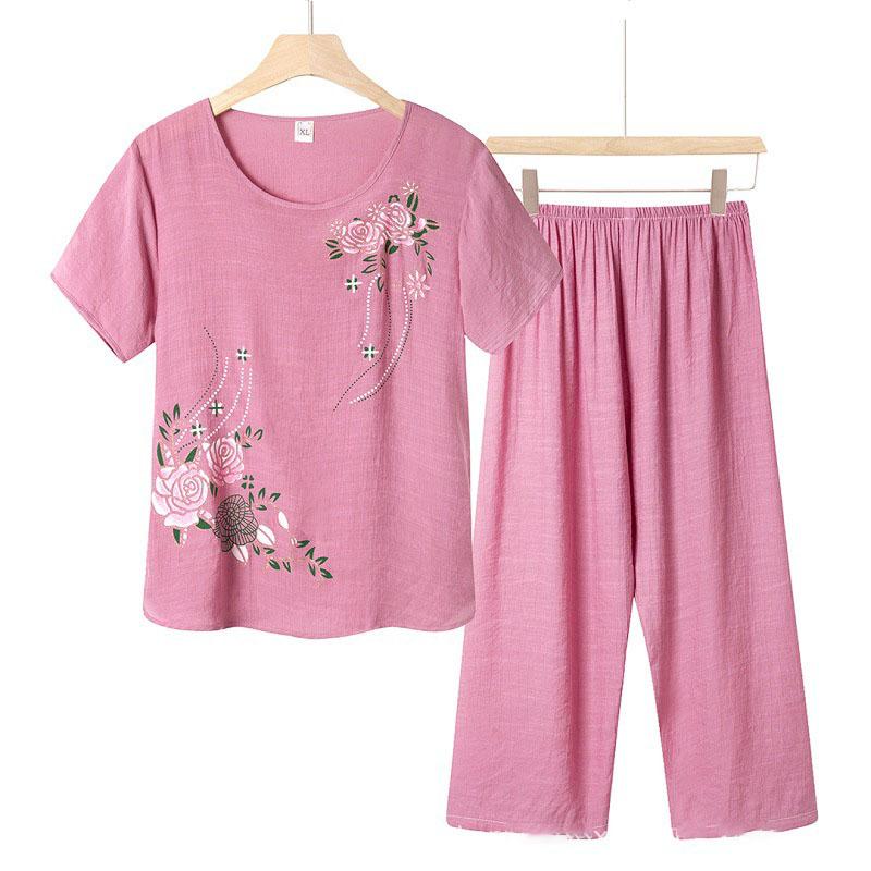 Women Short Sleeve T-shirt Top Pants Floral Print Loose Loungewear Home Outfit Women's Clothing