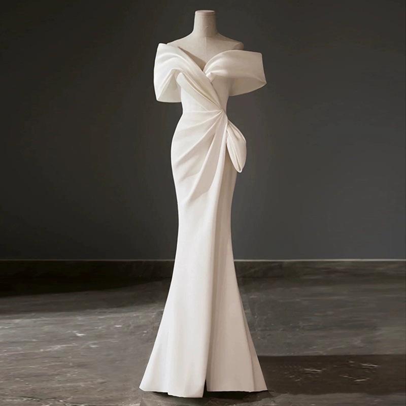 One-word Shoulder White French Dress 1011 New Summer Light Luxury Niche High-end Engagement Fishtail High-end Evening Dress
