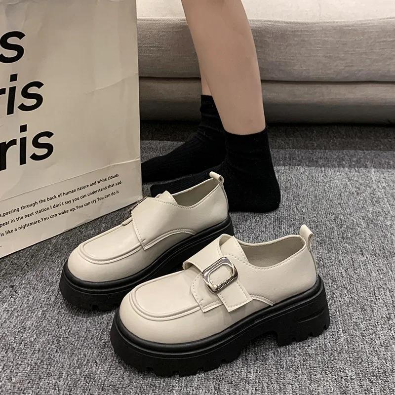 Women's Thick Bottom Slip-On Shoes Spring Autumn New Style Magic Tape Retro Versatile British Style round Toe Flat Heel