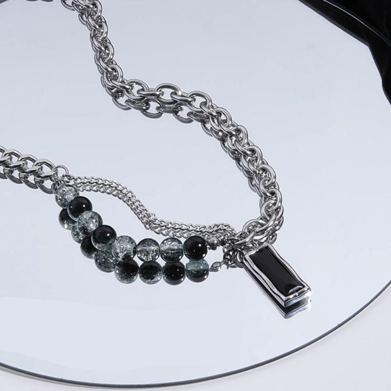 Unisex Black Stone Pendant Necklace Trendy Layering Necklace Titanium Steel Jewelry Perfect for Casual or Formal Outfits