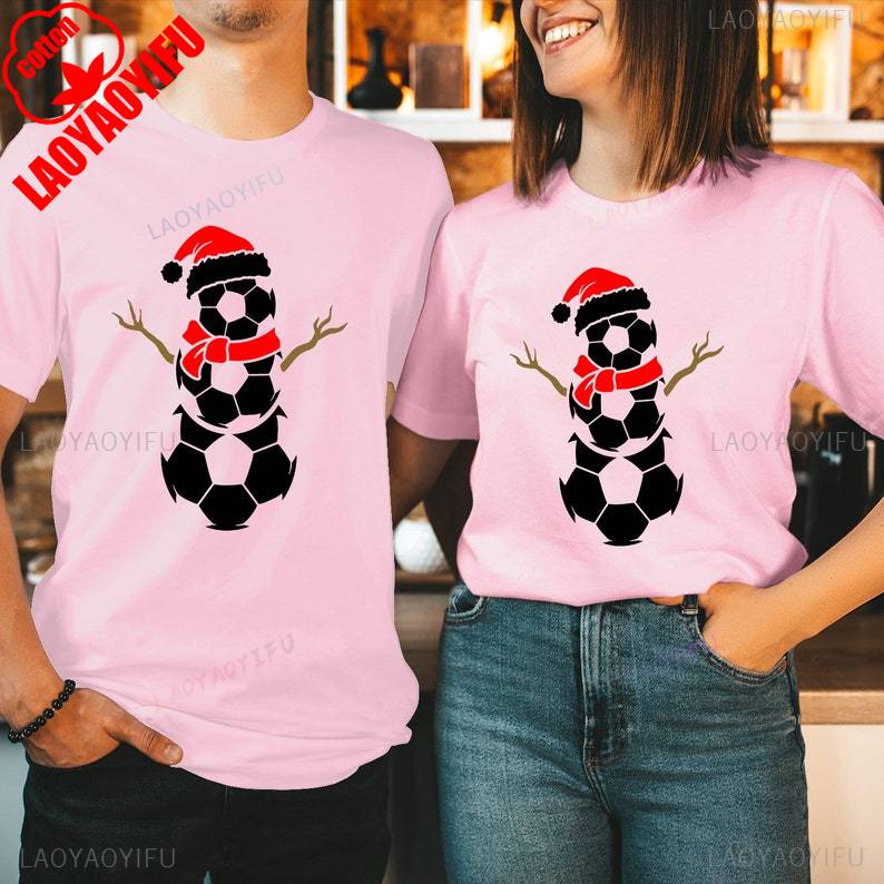 FOOTBALL SNOWUnisex Christmas Cotton TShirt Rudolph Reindeer Santa Hat Festival Gift Soccer Ball Costume Xmas Family Holiday Shirt