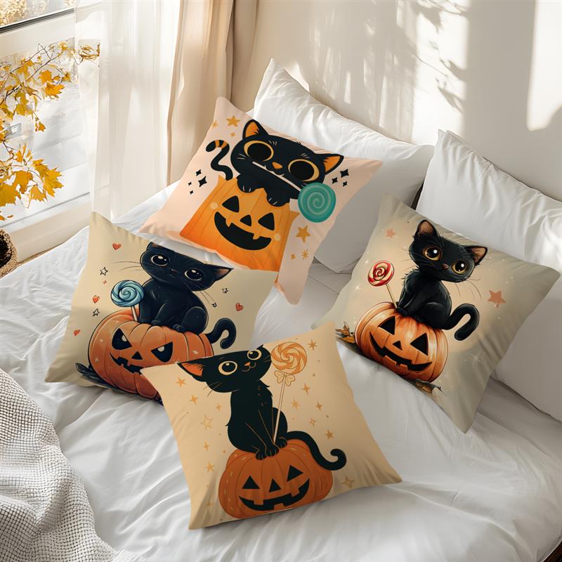 Home Decor Cute Black Cats with Pumpkins and Lollipops Pattern Cushion Cover Suitable for Sofa Bedroom Car Pillow Cover
