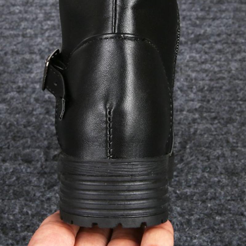 Damen Overknee-Stiefel aus Leder mit elastischem Stretch-Absatz und Nieten, Gürtelschnalle, quadratischer Absatz, runder Kopf zum Schnüren