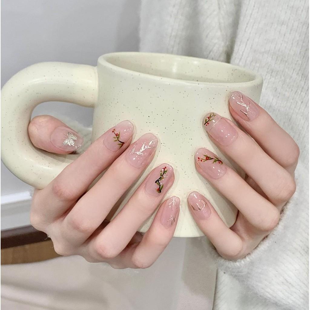 HANDMADE Artificial Nail Original Acacia Red Bean Hand-painted Cat Eye Spring Summer Fake Nail Set With Glue Reusable and Removable Press On Nails