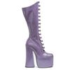 Stivali Alti Rosa con Laccetti e Plateau Donna Moda Raso Tacco Grosso Alto Cinturini Multi Fibbia Scarpe Donna Sexy Punk Al Ginocchio