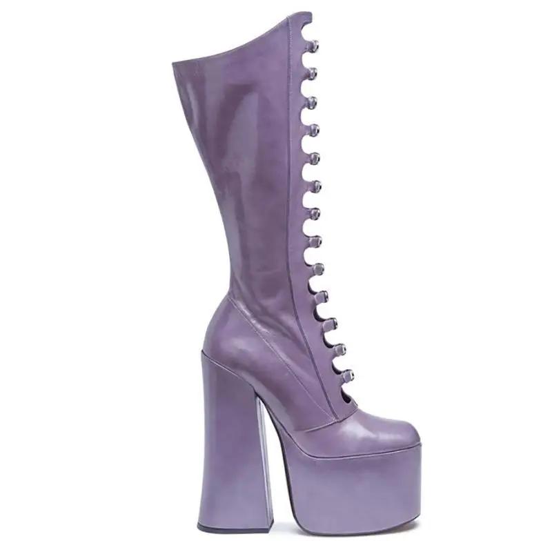 Stivali Alti Rosa con Laccetti e Plateau Donna Moda Raso Tacco Grosso Alto Cinturini Multi Fibbia Scarpe Donna Sexy Punk Al Ginocchio