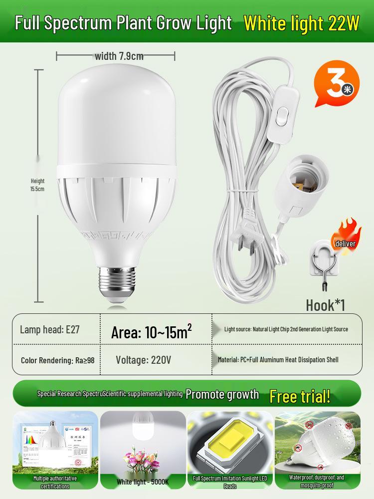 Full Spectrum LED Grow Light Bulb for Indoor Plants, E27 Base, Sunlight Imitation.