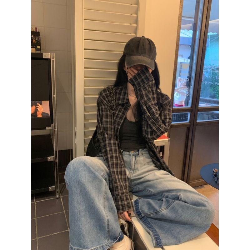 Kumikumi American Retro Gingham Polo Collar Shirt Coat Women's Clothing Early Autumn Mid Length Long Length BF Style Loose Tops