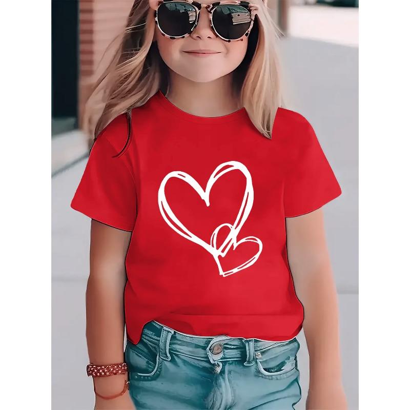 European Sizes Valentine's Day Heart Print  Fun Pattern Girls' T-Shirt, Cute Cartoon Short Sleeve Top for Kids, Toddlers