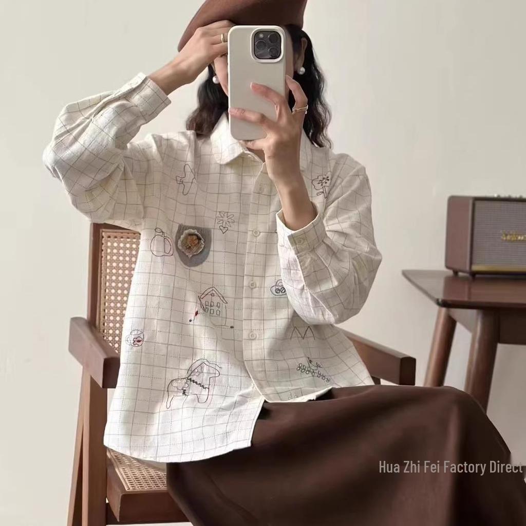Japanese Mori Girl Style Loose Embroidered Plaid Long Sleeve Shirt for Women 2025