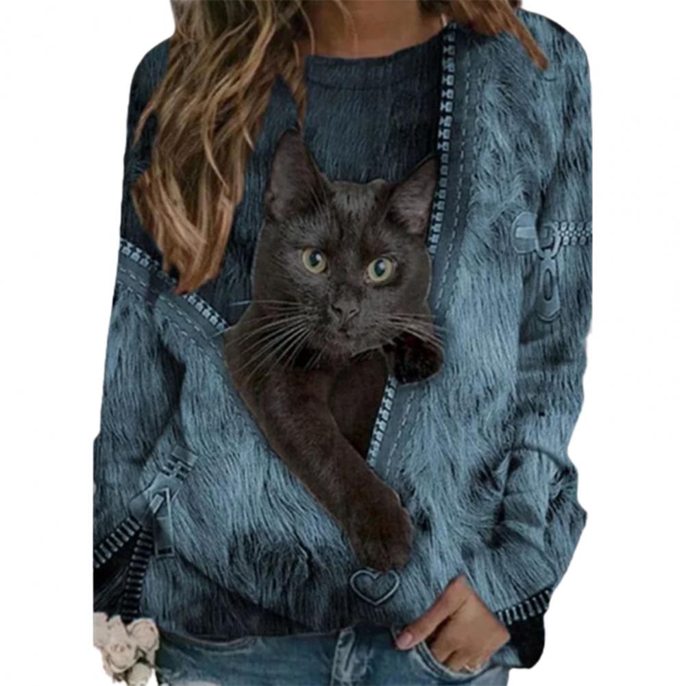 2021 Primavera Diamante Gatti Stampa Camicetta Camicia Donna Elegante Cerniera O-Collo Top a maniche lunghe Casual Allentato Plus Size Streetwear