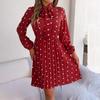 Autumn Winter Women's High Waist Pleated Dress Long Sleeve Lace Up Dot Temperament