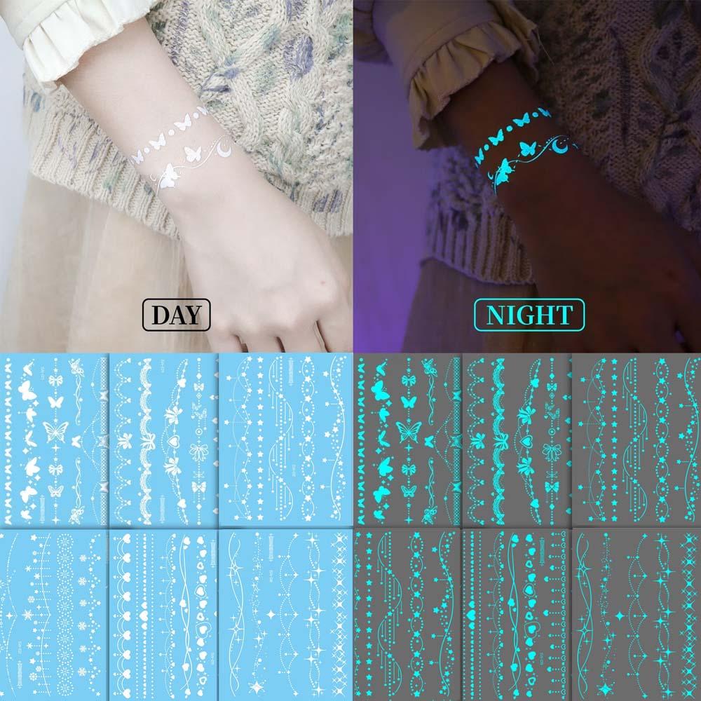 

Waterproof white luminous Bracelet 6Sheets Tattoo Sticker For Women Necklace Temporary Fake Tatoo Body Art Jewelry 6Sheets білий