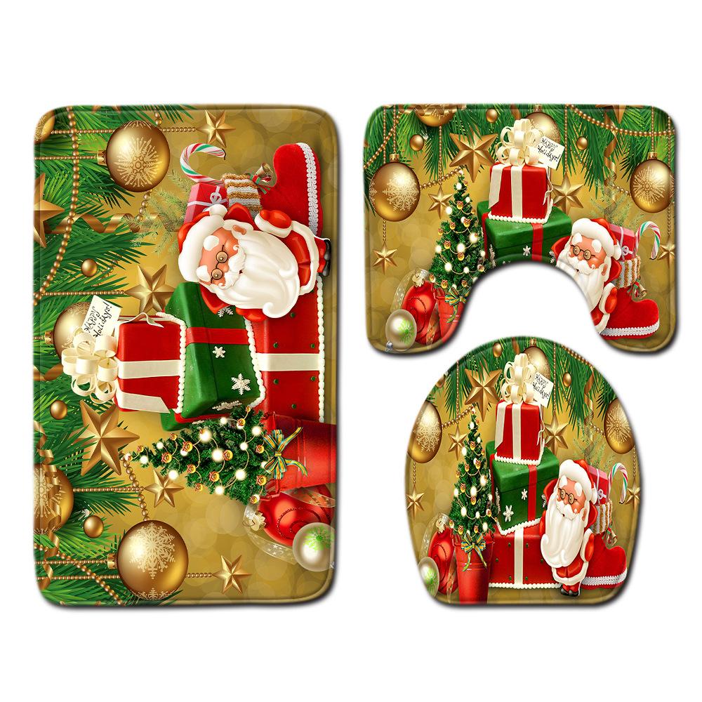 Christmas Printed Shower Curtain Floor Mat Four-Piece Bathroom Toilet Non-Slip Absorbent Carpet Toilet Non-Slip Door Mat