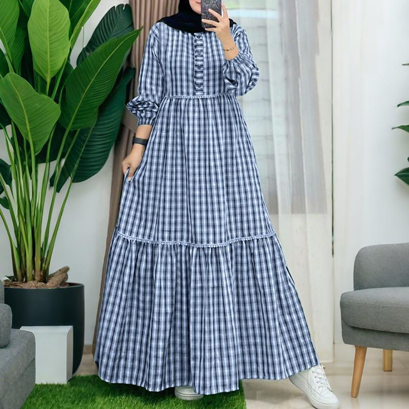 

ZANZEA Женское повседневное платье с круглым вырезом, длинными рукавами и свободным принтом в клетку 4XL тёмно-синий