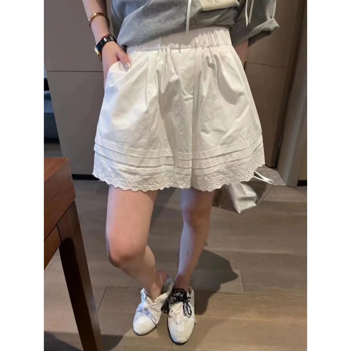 

Women s White Elastic High-Waist Casual Short Skirt With Layered Ruffle And Lace Trim Detail L белый