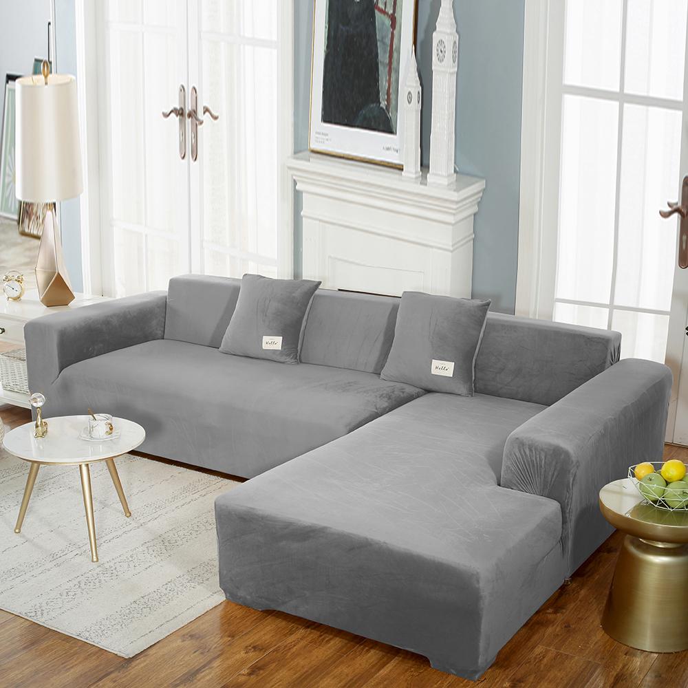 Fluwelen bankhoes Luxe L-vorm banken hoes effen kleur hoekbankhoezen fauteuil anti-stof elastische hoes huisdiervriendelijk