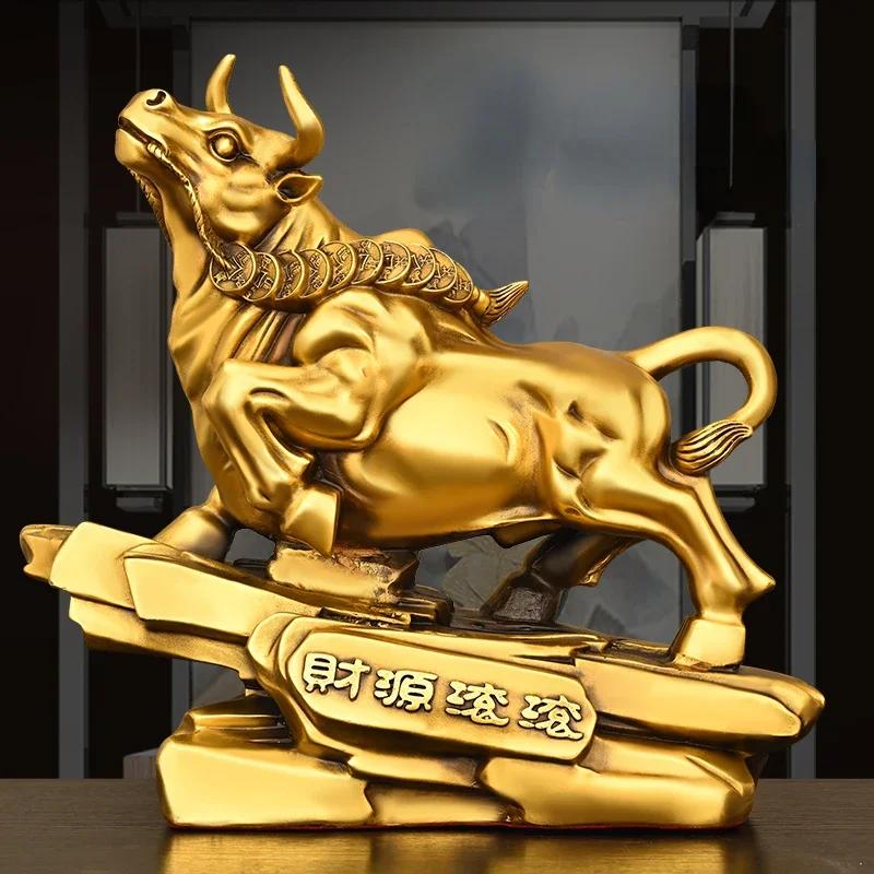 Feng Shui Lucky Wealth Copper Animal Cow Ornament ,Heads Up Cow Home Office Decor