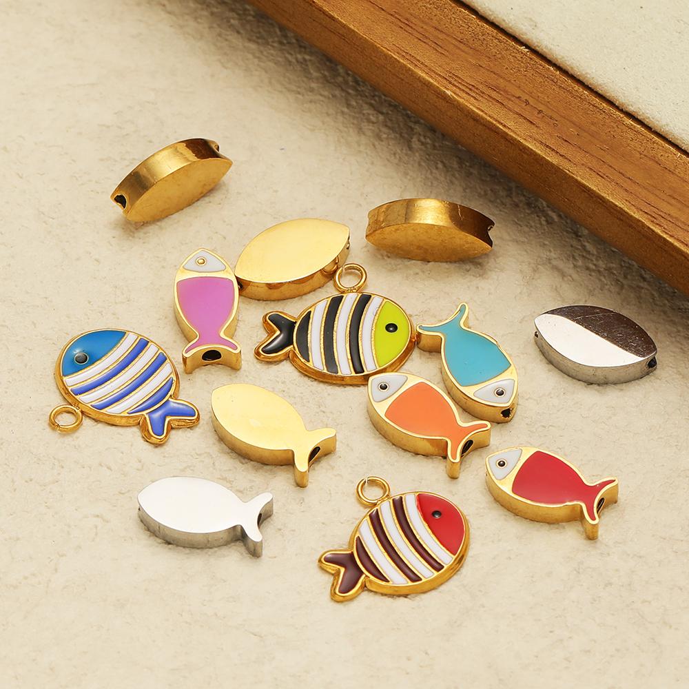5Pcs Stainless Steel Gold Enamel Fish Beads Charms for DIY Jewelry Making Bracelet Making Children Necklace Findings Wholesale