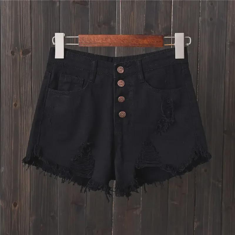 Plus-Size Ripped Button-Down Denim Shorts - Korean Style Wide-Leg Summer Hot Pants with Frayed Hem