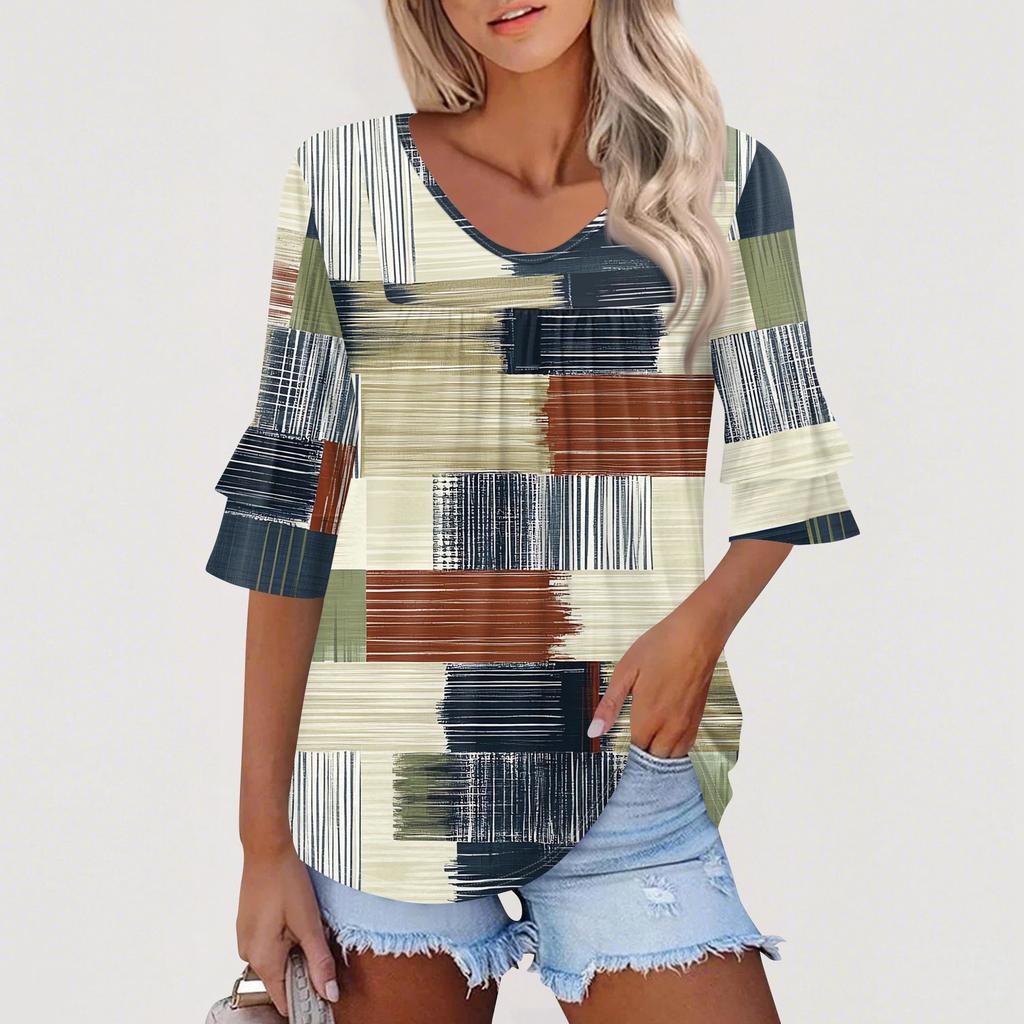 3/4 Length Sleeve Womens Tops Dressy Casual Blouses Bell Ruffle Sleeve Loose Fit Tunic Tops V Neck T Shirts
